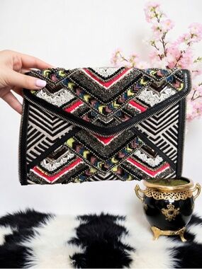 Embellished Geometric Beaded Clutch - Black & Multicolor